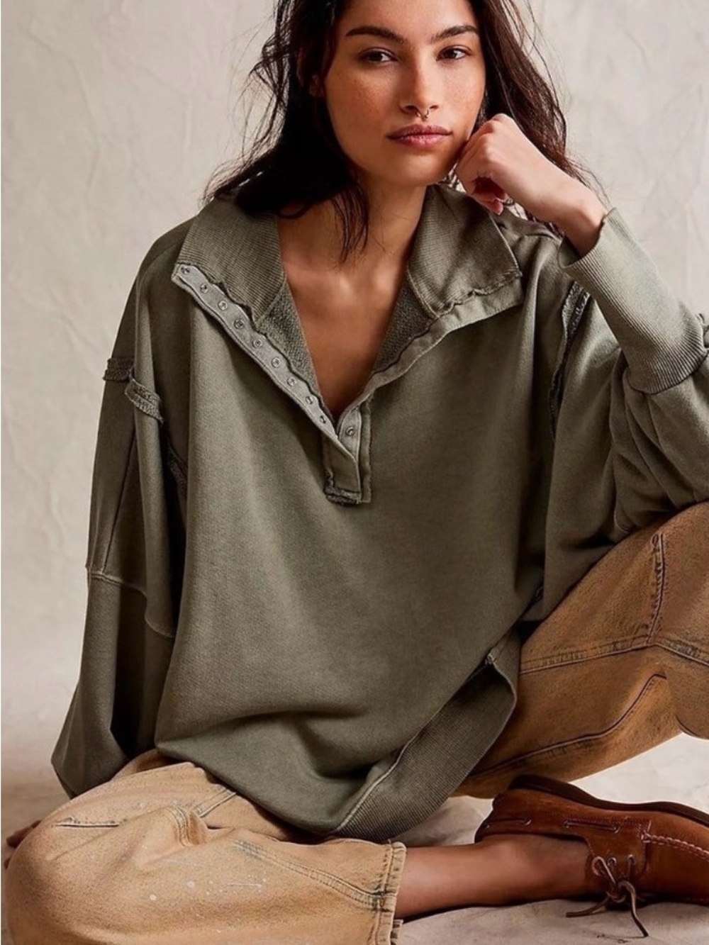 We The Free Olive Camden Henley Oversized Pullover Sweatshirt Sz XS